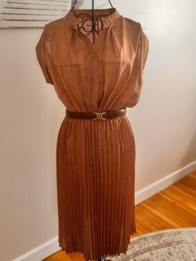 Pleated Midi Shirt Dress in Warm Camel